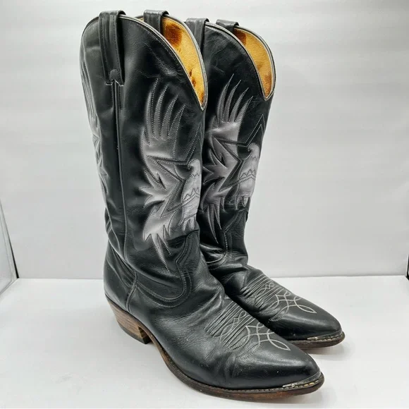 Boulet Men’s Size 9 Black Cowboy Boots Leather Silver Birds with Wings Western